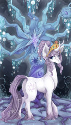 Size: 850x1500 | Tagged: safe, artist:mr-tiaa, character:tree of harmony, oc, oc only, oc:harmony (heilos), species:classical unicorn, big crown thingy, elements of harmony, flower in hair, leonine tail, plot, ponified, solo, tree of harmony, unshorn fetlocks