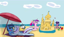 Size: 8352x4961 | Tagged: safe, artist:helsaabi, character:night light, character:princess cadance, character:shining armor, character:twilight sparkle, character:twilight velvet, ship:nightvelvet, absurd resolution, anatomically incorrect, beach, filly, incorrect leg anatomy, sandcastle