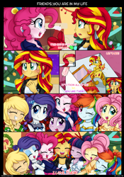 Size: 2243x3200 | Tagged: safe, artist:lucy-tan, character:applejack, character:fluttershy, character:pinkie pie, character:rainbow dash, character:rarity, character:sunset shimmer, character:twilight sparkle, character:twilight sparkle (alicorn), species:alicorn, my little pony:equestria girls, alternate hairstyle, big crown thingy, comic, cute, group hug, hug, humane five, humane seven, humane six, mane six, present, shimmerbetes