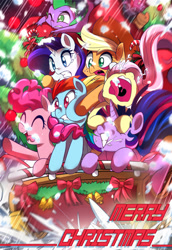 Size: 1100x1599 | Tagged: safe, artist:caibaoreturn, character:applejack, character:fluttershy, character:pinkie pie, character:rainbow dash, character:rarity, character:spike, character:twilight sparkle, character:twilight sparkle (alicorn), species:alicorn, species:pony, christmas, female, mane seven, mane six, mare, merry christmas, pixiv, screaming, squishy cheeks