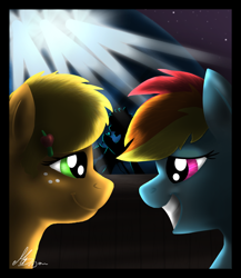 Size: 1300x1500 | Tagged: safe, artist:gonedreamer, character:applejack, character:rainbow dash, species:earth pony, species:pegasus, species:pony, ship:appledash, backlighting, eye contact, female, lesbian, looking at each other, mare, shipping