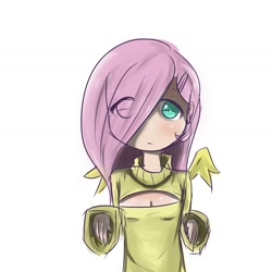 Size: 1566x1566 | Tagged: safe, artist:burnoid096, character:fluttershy, species:human, clothing, female, hair over one eye, humanized, keyhole turtleneck, looking at you, open-chest sweater, solo, sweater, sweatershy, turtleneck, winged humanization