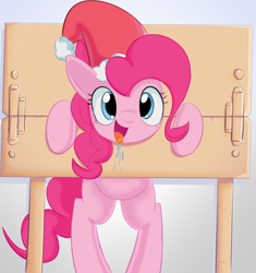 Size: 1768x1877 | Tagged: safe, artist:adequality, artist:mcsadat, character:pinkie pie, christmas, clothing, drool, hat, medieval, santa hat, stocks, trapped