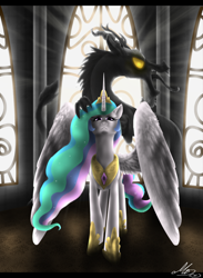 Size: 1450x1980 | Tagged: safe, artist:gonedreamer, character:discord, character:princess celestia, species:alicorn, species:draconequus, species:pony, ship:dislestia, backlighting, crepuscular rays, female, glowing eyes, looking at you, male, mare, shipping, signature, straight, tongue out