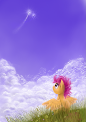 Size: 703x987 | Tagged: safe, artist:grayma1k, character:princess celestia, character:princess luna, character:scootaloo, species:alicorn, species:pegasus, species:pony, cloud, flying, grass, longing, looking up, sitting, sky, solo focus, spread wings, vertigo, wings