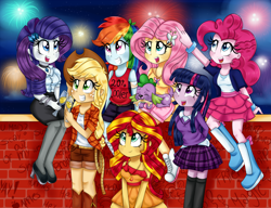 Size: 2300x1762 | Tagged: safe, artist:lucy-tan, character:applejack, character:fluttershy, character:pinkie pie, character:rainbow dash, character:rarity, character:spike, character:sunset shimmer, character:twilight sparkle, character:twilight sparkle (alicorn), species:alicorn, species:dog, my little pony:equestria girls, champagne, clothing, cute, dress, fireworks, humane seven, mane seven, mane six, spike the dog