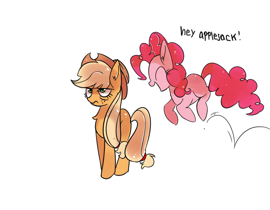 Size: 938x732 | Tagged: safe, artist:aureai, character:applejack, character:pinkie pie, species:earth pony, species:pony, animated, annoyed, applejack is not amused, chest fluff, duo, ear fluff, female, loop, mare, simple background, unamused, urge to kill rising, white background