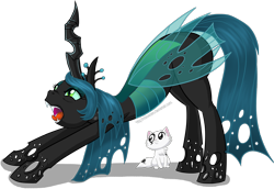 Size: 1448x998 | Tagged: safe, artist:hollowzero, character:queen chrysalis, species:changeling, behaving like a cat, cat, changeling queen, cute, cutealis, face down ass up, open mouth, simple background, stretch, stretching, transparent background, vector, yawn