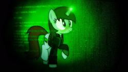 Size: 1920x1080 | Tagged: safe, artist:sgtwaflez, artist:starlessnight22, oc, oc only, oc:littlepip, species:pony, species:unicorn, fallout equestria, abstract background, clothing, cutie mark, fanfic, fanfic art, female, glowing horn, hooves, horn, magic, mare, pipbuck, solo, vault suit, wallpaper