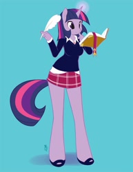 Size: 618x800 | Tagged: safe, artist:miu, character:twilight sparkle, species:anthro, species:pony, species:unicorn, book, clothing, female, legs, quill, school uniform, schoolgirl, skirt, smiling, solo