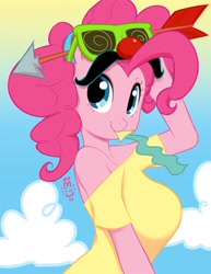 Size: 618x800 | Tagged: safe, artist:miu, character:pinkie pie, species:anthro, episode:griffon the brush-off, g4, my little pony: friendship is magic, big breasts, breasts, busty pinkie pie, clothing, cloud, cloudy, clown nose, cute, diapinkes, female, groucho mask, looking at you, noisemaker, off shoulder, shirt, solo