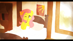 Size: 1280x720 | Tagged: safe, artist:gmrqor, character:fluttershy, bed, butterfly, cute, female, morning, morning ponies, solo