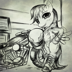Size: 600x600 | Tagged: safe, artist:kunshomo, character:rainbow dash, species:pegasus, species:pony, biker, bipedal, boots, clothing, female, grayscale, helmet, jacket, mare, monochrome, motorcycle, pixiv, semi-anthro, shoes, solo