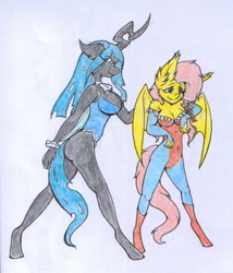 Size: 858x1004 | Tagged: safe, artist:nekotigerfire, character:flutterbat, character:fluttershy, character:queen chrysalis, species:anthro, breasts, busty queen chrysalis, darkstalkers, female, lilith aensland, traditional art