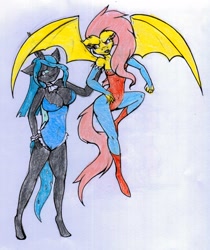 Size: 1803x2144 | Tagged: safe, artist:nekotigerfire, character:flutterbat, character:fluttershy, character:queen chrysalis, species:anthro, breasts, busty queen chrysalis, cleavage, darkstalkers, female, lilith aensland, traditional art
