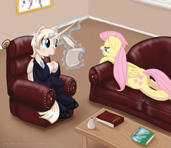 Size: 1197x1036 | Tagged: safe, artist:hollowzero, character:fluttershy, oc, oc:pearly gates, species:alicorn, species:pony, alicorn oc, couch, crying, quill, therapist