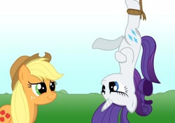 Size: 1920x1348 | Tagged: safe, artist:bcrich40, character:applejack, character:rarity, hung upside down, rope, scrunchy face, unamused, upside down
