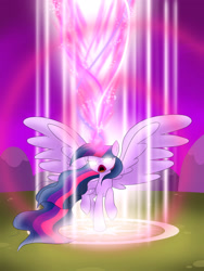 Size: 1536x2048 | Tagged: safe, artist:bratzoid, character:twilight sparkle, character:twilight sparkle (alicorn), species:alicorn, species:pony, female, glowing eyes, glowing horn, mare, solo, super saiyan princess