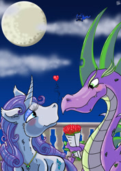 Size: 1024x1448 | Tagged: safe, artist:dinodraketakethecake, character:princess luna, character:rarity, character:spike, ship:sparity, female, flower, male, moon, older, older spike, shipper on deck, shipping, straight, voyeur