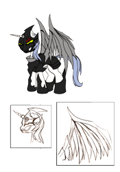 Size: 1450x2066 | Tagged: safe, artist:dankodeadzone, oc, oc only, oc:sparkling chaos, species:pony, species:unicorn, armor, artificial wings, ask luna & venom, augmented, male, mask, mechanical wing, solo, stallion, wings