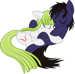 Size: 6186x6078 | Tagged: safe, artist:calicopikachu, artist:dewlshock, base used, species:earth pony, species:pegasus, species:pony, absurd resolution, code geass, cuddling, cute, eyes closed, female, floppy ears, hug, male, on back, ponified, prone, simple background, sleeping, smiling, snuggling, straight, trace, transparent background, vector