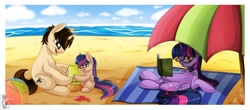 Size: 1348x593 | Tagged: safe, artist:blackfreya, character:twilight sparkle, character:twilight sparkle (alicorn), oc, oc:mayday parker sparkle, parent:peter parker, parent:twilight sparkle, parents:spidertwi, species:alicorn, species:pony, beach, beach ball, braid, crossover, crossover shipping, cute, family, father and daughter, female, filly, glasses, mare, marriage, married couple, mother and daughter, offspring, peter parker, ponified, sand, sandcastle, shipping, spider-man, spiders and magic ii: eleven months, spiders and magic iii: days of friendship past, spiders and magic: rise of spider-mane, spidertwi, sunglasses, umbrella