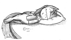 Size: 1280x721 | Tagged: safe, artist:crimson, character:twilight sparkle, character:twilight sparkle (alicorn), species:alicorn, species:pony, chest fluff, female, mare, monochrome, pillow, sleeping, smiling, traditional art