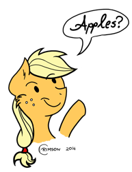 Size: 694x900 | Tagged: safe, artist:crimson, character:applejack, blonde, blonde hair, cartoony, clothing, digital art, female, flat colors, freckles, happy, hat, hatless, missing accessory, raised hoof, simple background, solo, that pony sure does love apples, transparent background