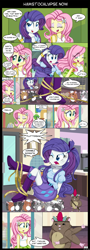 Size: 1500x4150 | Tagged: safe, artist:lucy-tan, character:fluttershy, character:rarity, episode:hamstocalypse now, g4, my little pony: equestria girls, my little pony:equestria girls, backpack, boots, bound, bracelet, breasts, clothing, comic, curtis pawpower, engrish, female, hamster, high heel boots, jewelry, lockers, raised leg, rope, skirt, tank top