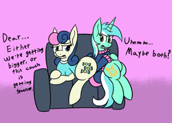 Size: 1639x1171 | Tagged: safe, artist:metalaura, character:bon bon, character:lyra heartstrings, character:sweetie drops, bon bon is not amused, bon butt, clothing, couch, dialogue, plot, shirt, sitting, sitting lyra, sweater, t-shirt