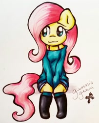 Size: 1369x1689 | Tagged: safe, artist:gummigator, character:fluttershy, species:anthro, chibi, clothing, sweater, sweatershy