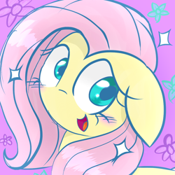 Size: 1000x1000 | Tagged: safe, artist:darkynez, character:fluttershy, blushing, cute, female, floppy ears, flower, happy, open mouth, purple background, shyabetes, simple background, smiling, solo, sparkles