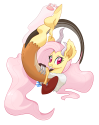 Size: 1051x1330 | Tagged: safe, artist:twitchykismet, character:fluttershy, species:draconequus, bucktooth, draconequified, female, floating, flutterequus, goat eyes, simple background, solo, transparent background