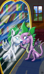 Size: 3508x5906 | Tagged: safe, artist:dinodraketakethecake, character:spike, species:alicorn, species:pony, crying, mirror, otherkin, ponified spike, sad, story included, wings
