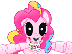 Size: 2048x1536 | Tagged: safe, artist:birdivizer, character:pinkie pie, animatronic, chica pie, creepy, female, five nights at aj's 2, five nights at freddy's, glowing eyes, jumpscare, looking at you, rainbow power, robot, sharp teeth, simple background, solo, toy pinkica, transparent background