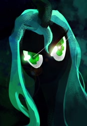 Size: 1036x1496 | Tagged: safe, artist:electrixocket, character:queen chrysalis, species:changeling, bust, changeling queen, female, glowing eyes, looking at you, silhouette, solo