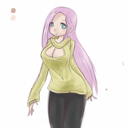 Size: 2500x2500 | Tagged: safe, artist:burnoid096, character:fluttershy, species:human, cleavage, clothing, female, humanized, keyhole turtleneck, light skin, open-chest sweater, pantyhose, smiling, sweater, sweatershy, turtleneck