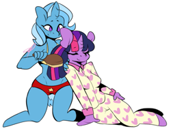 Size: 677x520 | Tagged: safe, artist:cotta, character:trixie, character:twilight sparkle, species:anthro, ship:twixie, boyshorts, bra, brush, brushie, clothing, cute, explicit source, female, hairbrush, heart, lesbian, pajamas, panties, red underwear, shipping, sisters, starry underwear, underwear, yellow underwear