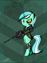 Size: 1200x1600 | Tagged: safe, artist:therandomjoyrider, character:lyra heartstrings, species:pony, arms, bipedal, cyborg, female, gun, hand, knife, prosthetic limb, rifle, solo, weapon