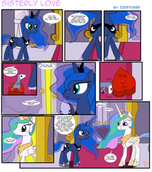 Size: 1370x1549 | Tagged: safe, artist:icesticker, character:princess celestia, character:princess luna, character:tiberius, species:alicorn, species:pony, blushing, chocolate, comic, cute, lunabetes, magic, royal sisters, sisterly love, sisters, telekinesis