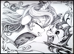 Size: 3800x2796 | Tagged: dead source, safe, artist:uminanimu, character:princess celestia, character:twilight sparkle, species:pony, duo, eyes closed, female, grayscale, high res, mare, monochrome, open mouth, tongue out, traditional art