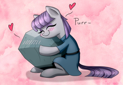 Size: 1502x1047 | Tagged: safe, artist:sigmanas, character:maud pie, character:tom, species:earth pony, species:pony, episode:hearts and hooves day, g4, my little pony: friendship is magic, behaving like a cat, blushing, cargo ship, clothing, cute, eyes closed, female, heart, hug, love, mare, maudabetes, purring, rock, rockcon, shipping, sitting, smiling, that pony sure does love rocks, tomaud, valentine's day, when she smiles, щщоки