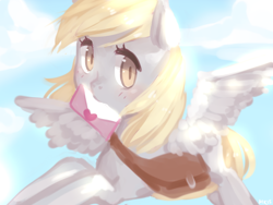 Size: 1280x960 | Tagged: safe, artist:marinakirby, character:derpy hooves, species:pegasus, species:pony, cute, derpabetes, female, flying, letter, looking at you, mail, mailbag, mailmare, mare, mouth hold, solo, spread wings, wings