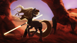 Size: 3295x1854 | Tagged: safe, artist:shaadorian, character:derpy hooves, species:pegasus, species:pony, badass, crossover, double lightsaber, epic derpy, female, goggles, jedi, lightsaber, mare, solo, star wars, weapon, windswept mane
