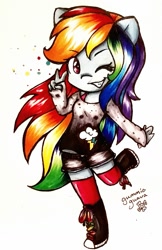 Size: 867x1337 | Tagged: safe, artist:gummigator, character:rainbow dash, species:anthro, chibi, female, peace sign, solo, traditional art, wink