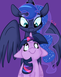 Size: 1000x1250 | Tagged: safe, artist:rivalcat, character:princess luna, character:twilight sparkle, character:twilight sparkle (alicorn), species:alicorn, species:pony, ship:twiluna, female, lesbian, mare, shipping, spread wings, wings