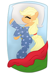 Size: 1536x2048 | Tagged: safe, artist:bratzoid, character:applejack, species:earth pony, species:pony, bed, blanket, clothing, cute, equestria girls outfit, eyes closed, female, footed sleeper, jackabetes, on side, pajamas, simple background, sleeping, smiling, solo, transparent background