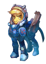 Size: 900x1234 | Tagged: safe, artist:electrixocket, character:applejack, armor, crossover, female, gun, looking at you, marine, powered exoskeleton, solo, starcraft, starcraft 2