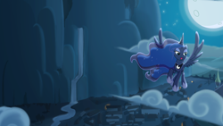 Size: 1920x1080 | Tagged: safe, artist:lionheartcartoon, character:princess luna, children of the night, city, cityscape, female, flying, moon, night, solo