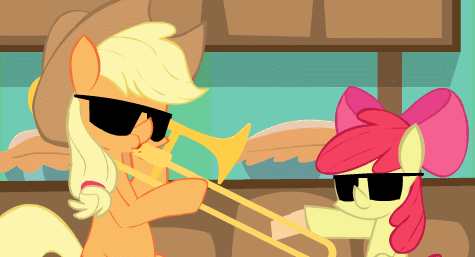 Size: 475x257 | Tagged: safe, artist:gmrqor, character:apple bloom, character:applejack, animated, female, parody, remake, sunglasses, vine video, when granny smith ain't home, when mama isn't home